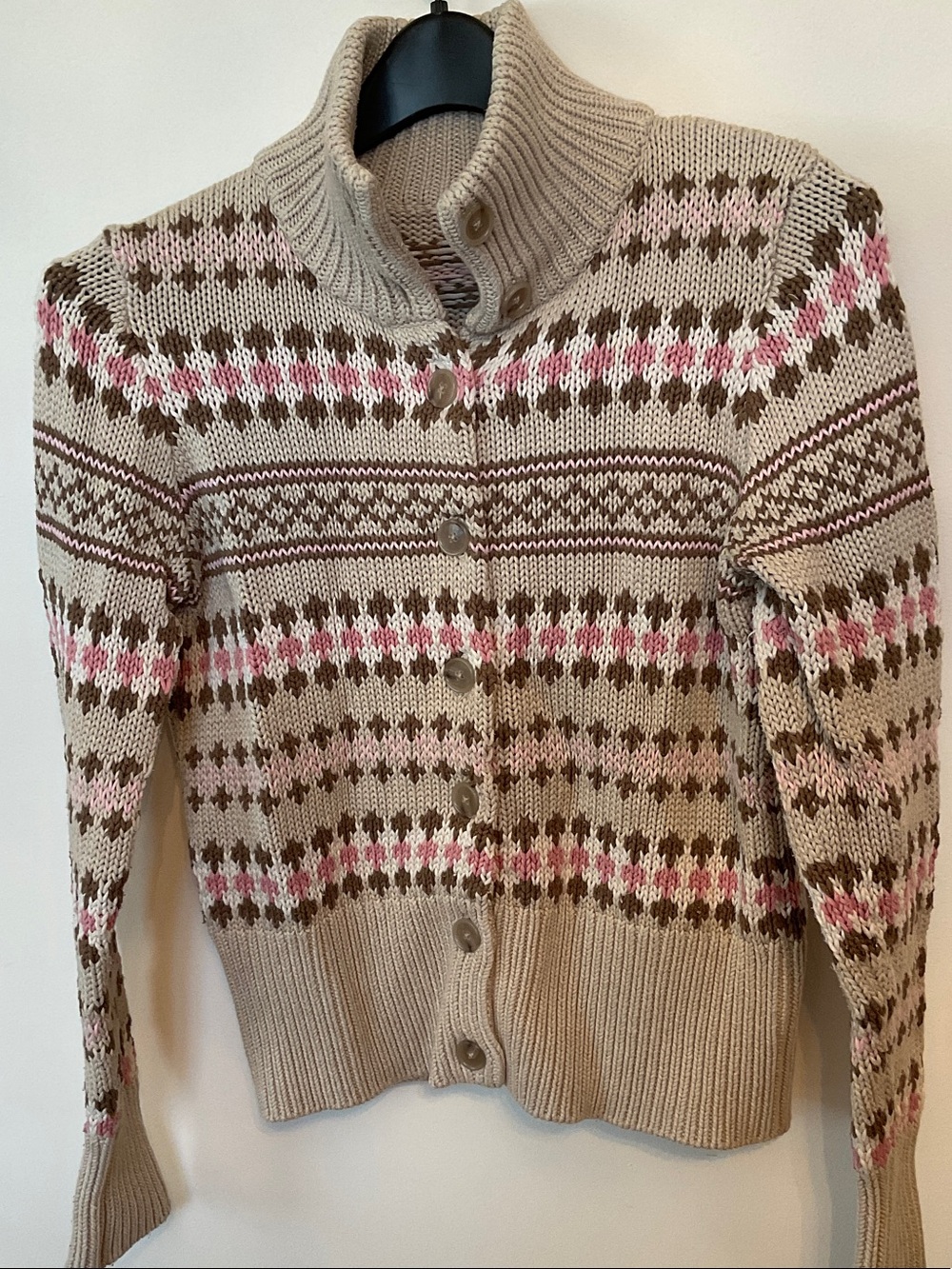 Ann Taylor Beige Fair Isle Cardigan with Pink and Brown Accents